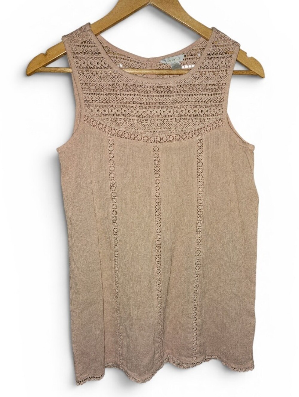 GARNET HILL Dusty Pink Lace Trim High Neck Sleeveless Gauze Top - Size 02